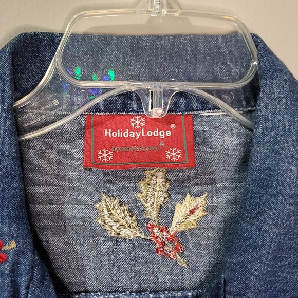 Vintage HOLIDAY LODGE BY NORTHCREST Denim Buttoned Chambray Embroidered Jacket - Picture 4 of 6